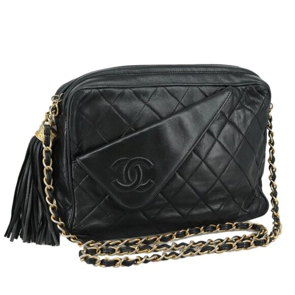 CHANEL Matelasse Chain Shoulder Bag Lamb Skin Black Gold CC Auth PP082 - Picture 1 of 16